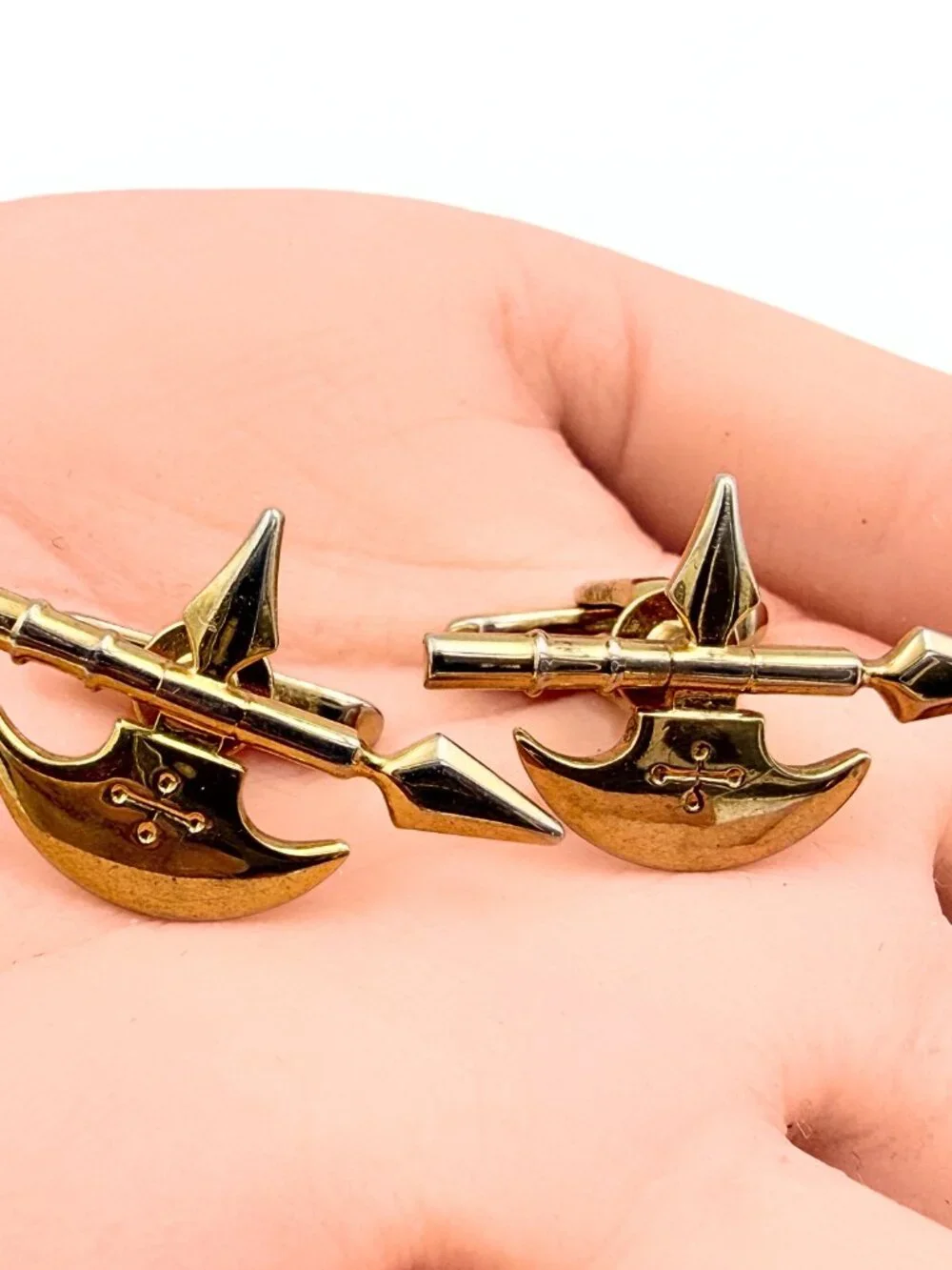 Hickok USA Signed MCM Gold Plated Viking Medieval Axe Motif Cufflinks